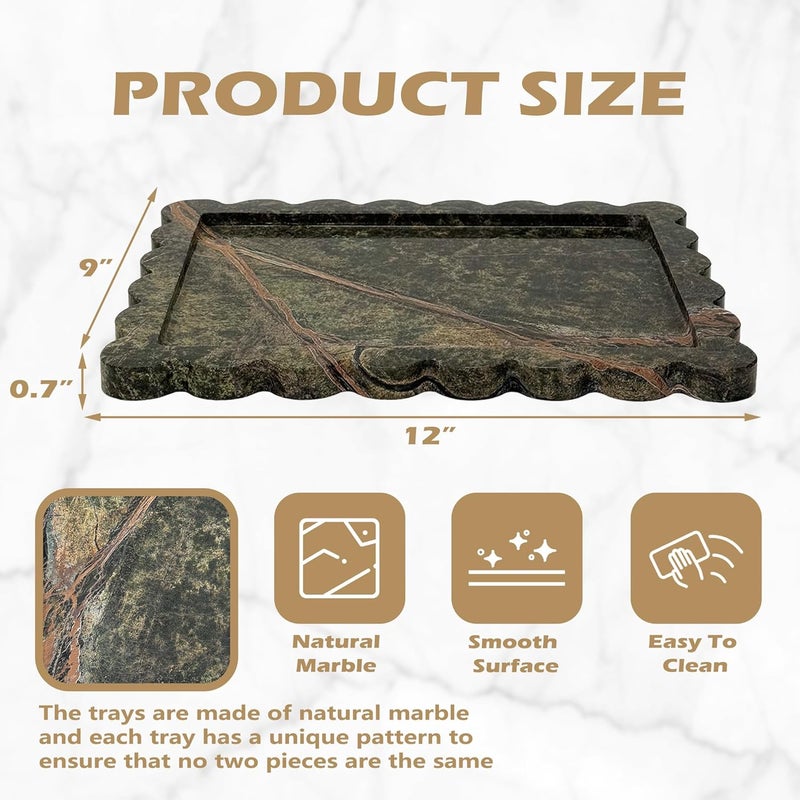 PROLEE Scalloped Marble Tray,Marble Vanity Trays for Bathroom 12" x 9", Scalloped Tray,Wave Appearance Jewelry Home Decor Stone Trays for Kitchen Counter, Bathroom, Rainforest Green - Image 3